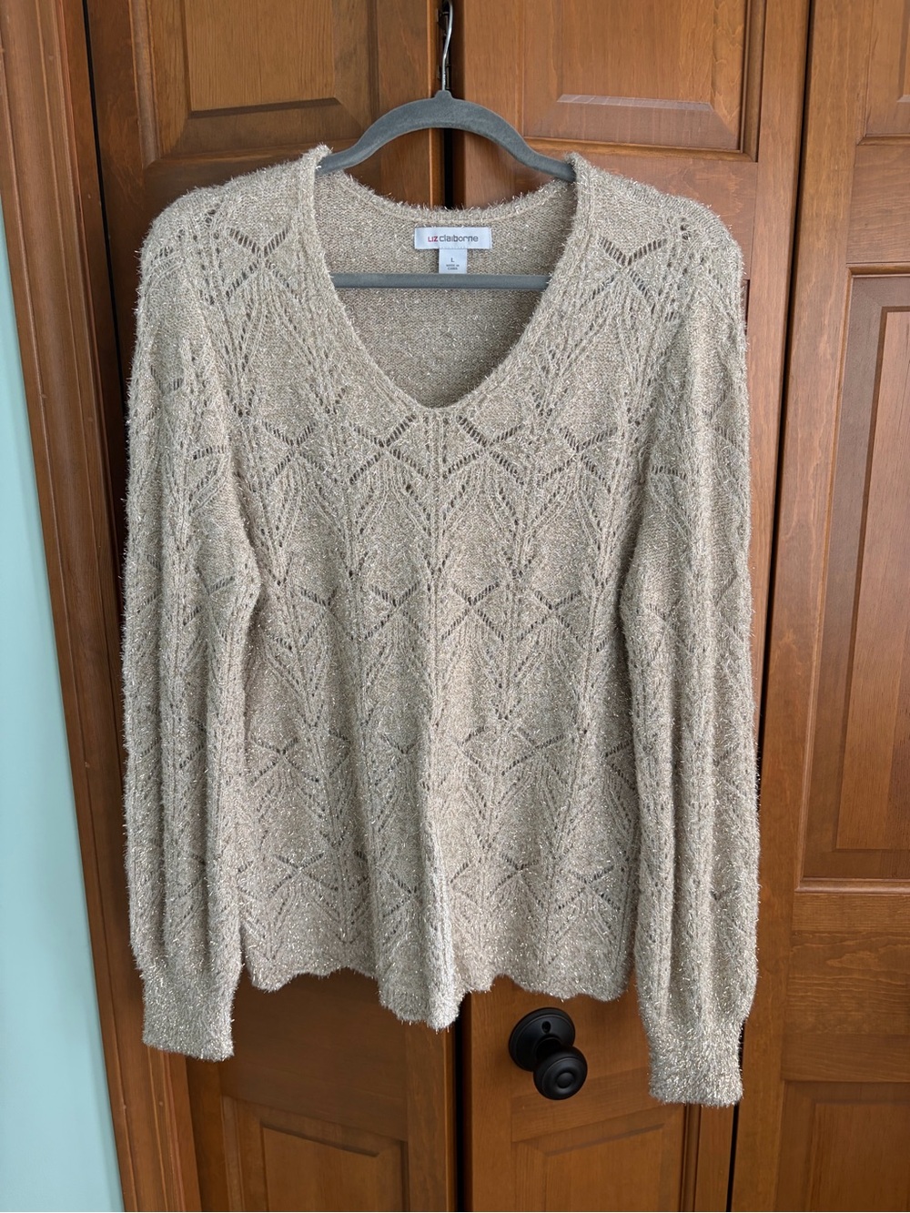 Liz Claiborne Beige Openwork V-Neck Sweater